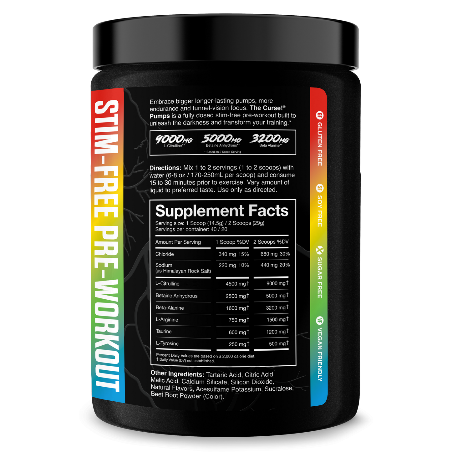Energy supplement bottle back label with Supplement Facts panel and red vertical stripe