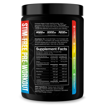 Energy supplement bottle back label with Supplement Facts panel and red vertical stripe