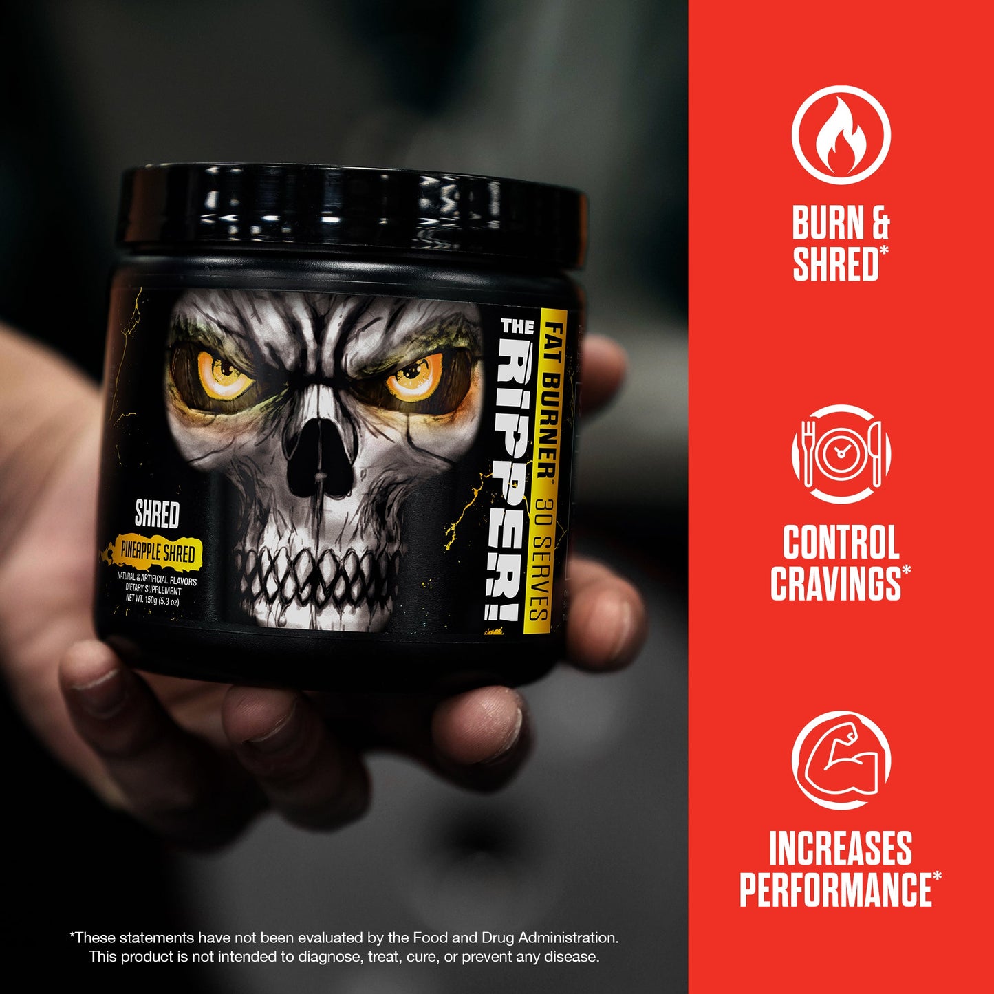 Hand holding fat burner supplement tub with skull label; red Burn & Shred icons
