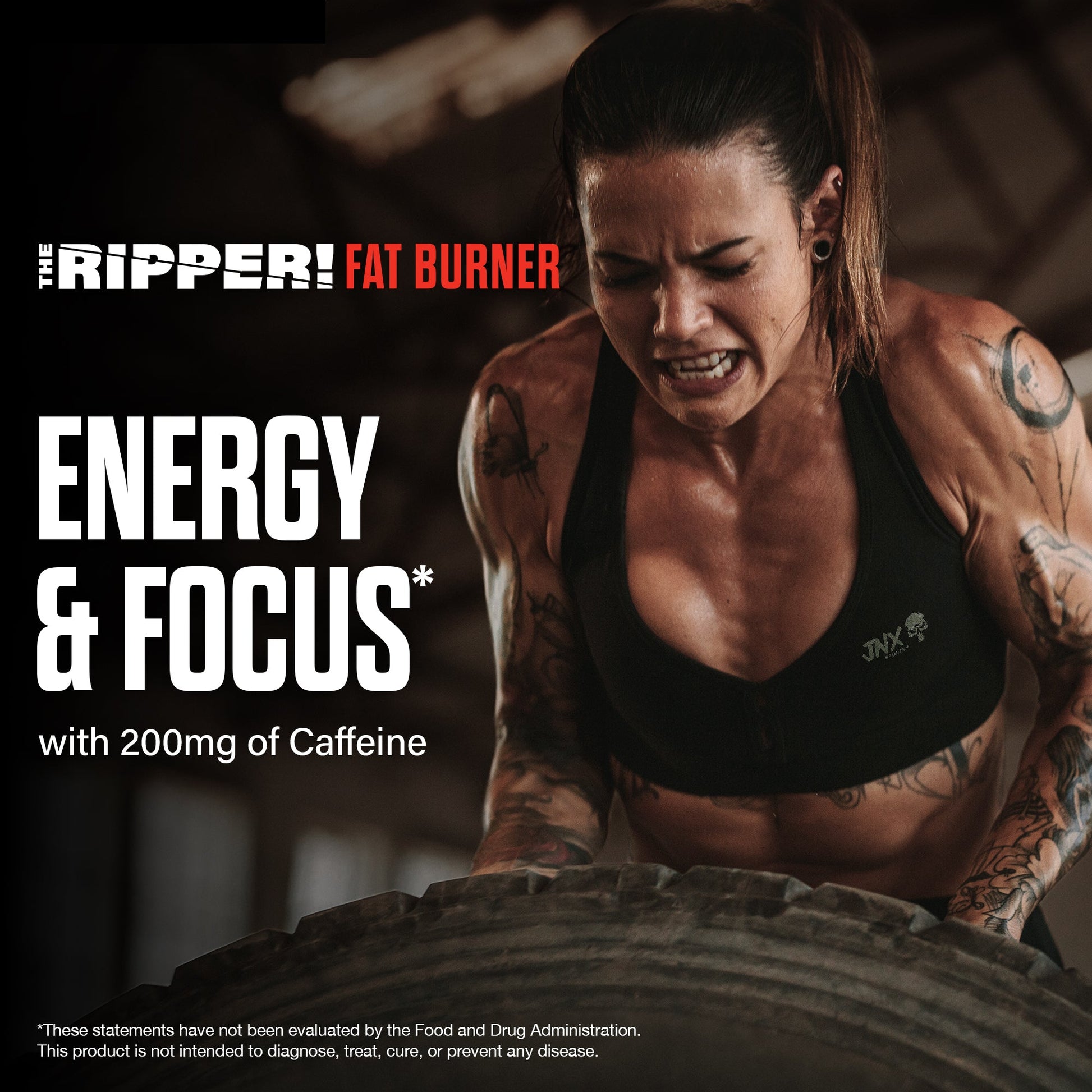 Fat burner supplement canister with Energy & Focus label and skull graphic