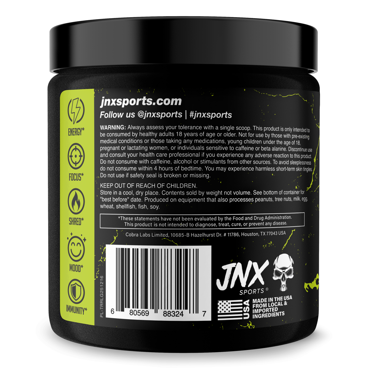 Fat burner supplement tub back label in lime green with barcode and TNX Sports mark