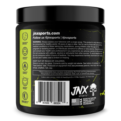 Fat burner supplement tub back label in lime green with barcode and TNX Sports mark