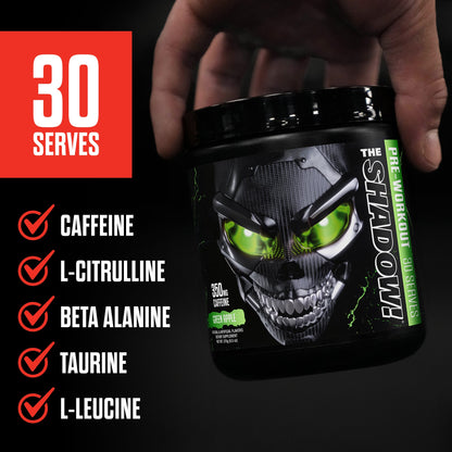 Pre-workout supplement tub with green skull eyes in hand with ingredient icons