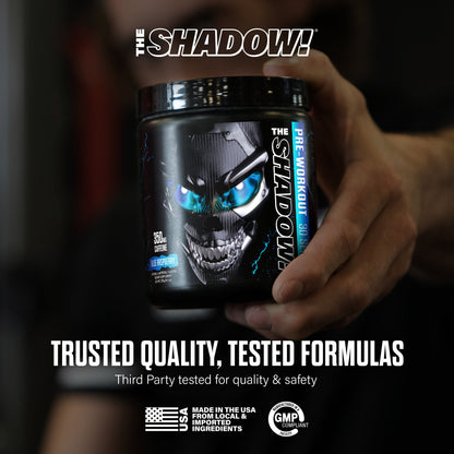 Pre-workout supplement tub with blue skull eyes held in hand; trusted quality badge