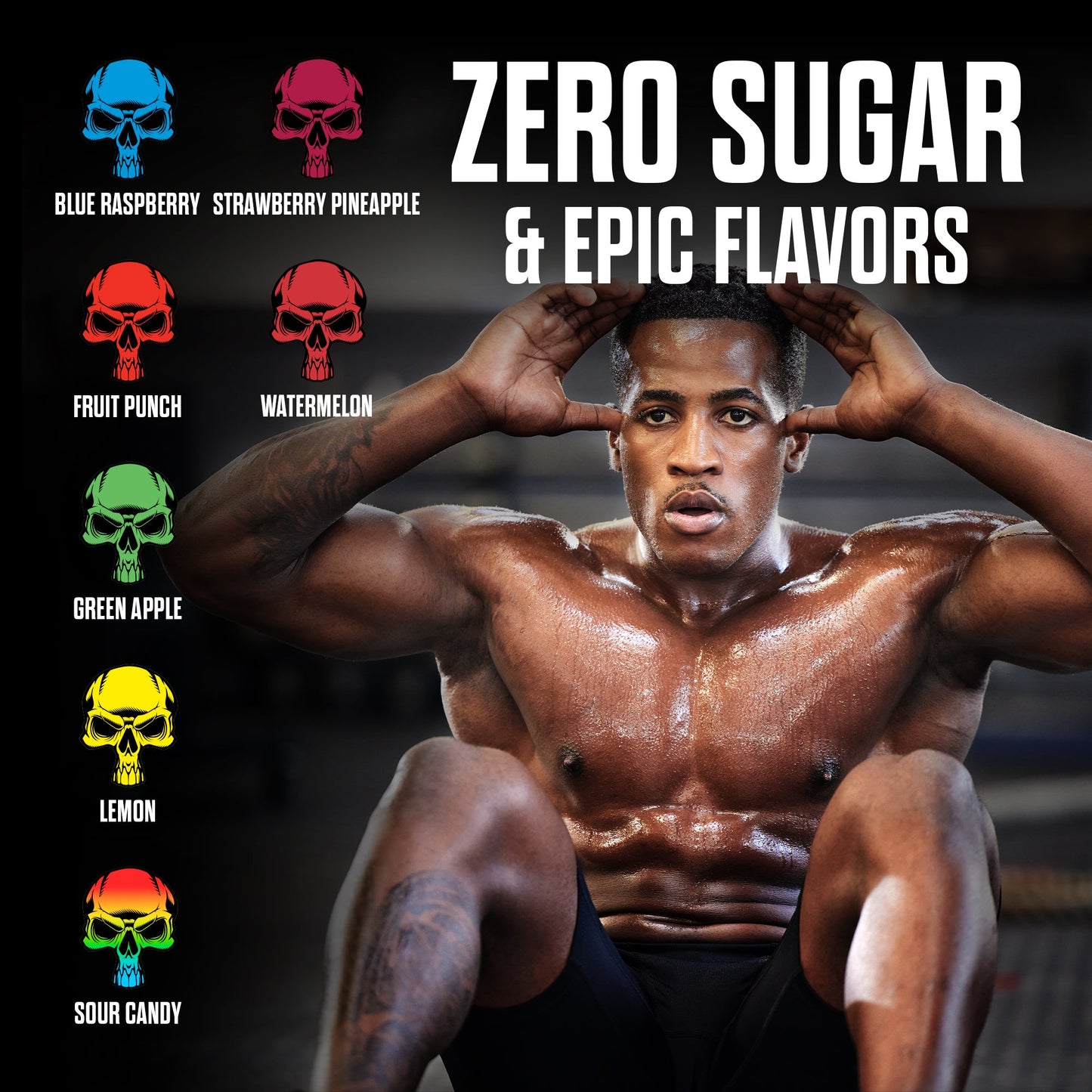Zero sugar epic flavors promotional graphic with colored flavor skull icons