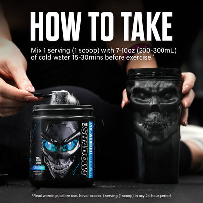 Pre-workout supplement tubs with skull labels and how to take serving directions