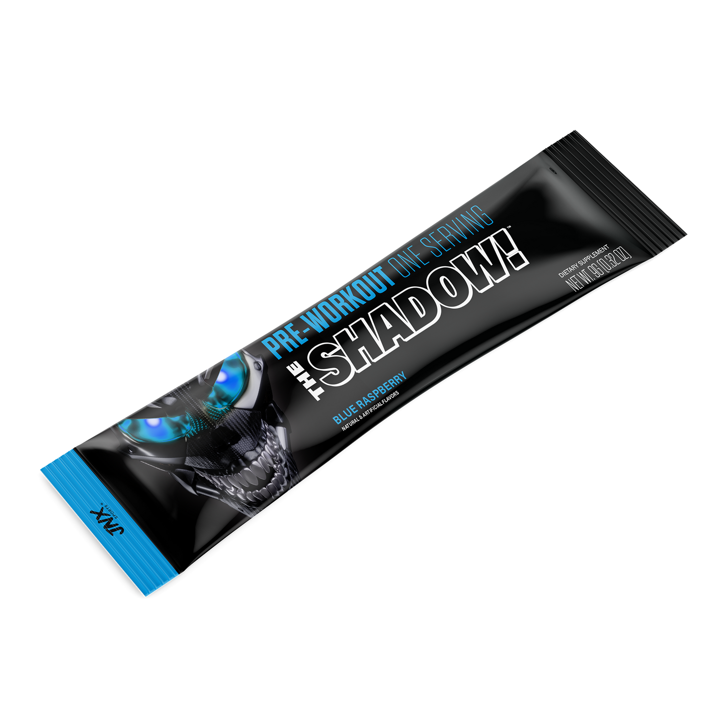 The Shadow! Pre-Workout stick, blue raspberry flavor black tube with blue end