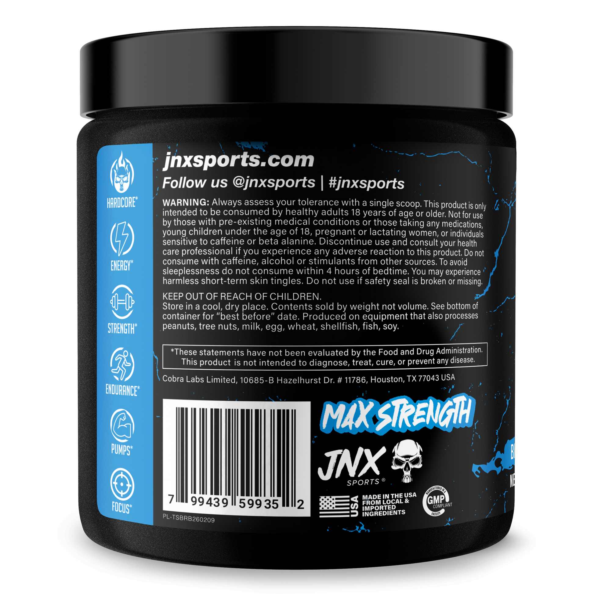 Pre-workout supplement tub with black lid and blue back label panel