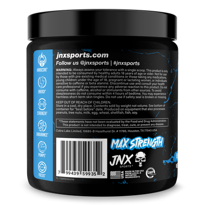 Pre-workout supplement tub with black lid and blue back label panel
