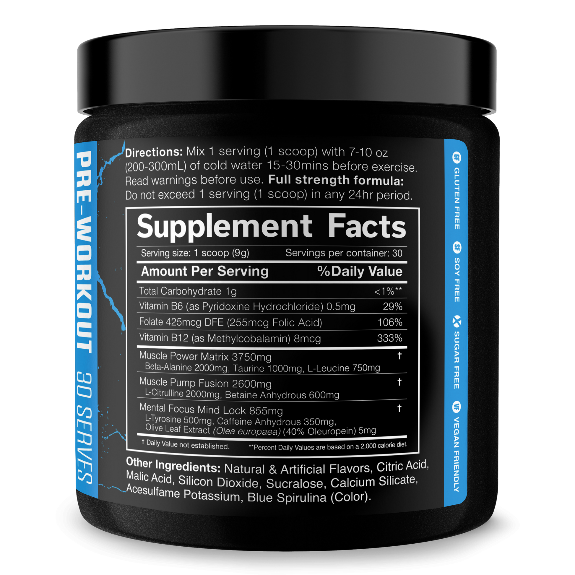 Pre-workout supplement tub with black lid and Supplement Facts label panel