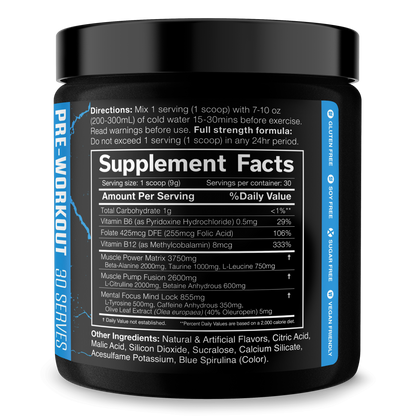 Pre-workout supplement tub with black lid and Supplement Facts label panel