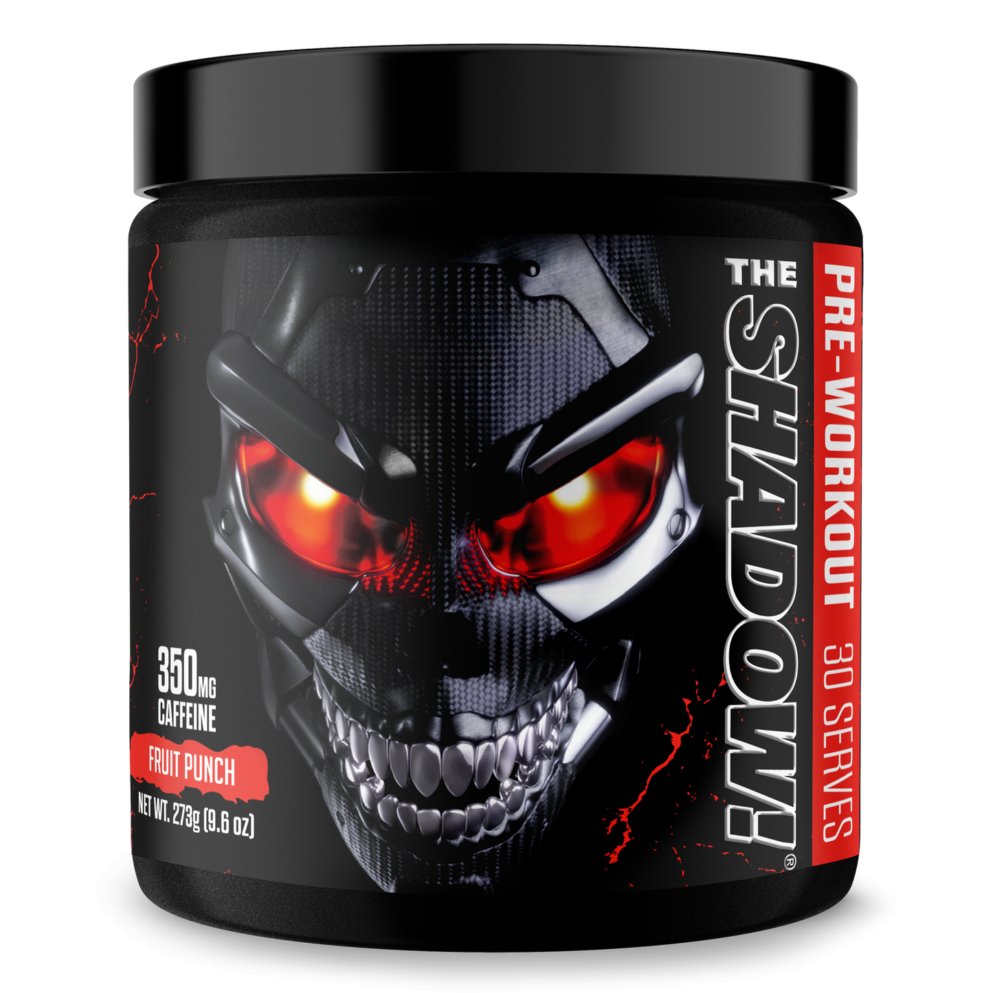 Pre-workout supplement jar with dark skull graphic and red flavor accents