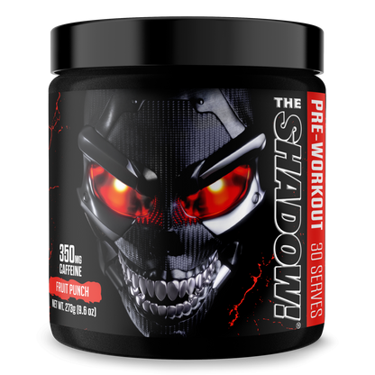 Pre-workout supplement jar with dark skull graphic and red flavor accents