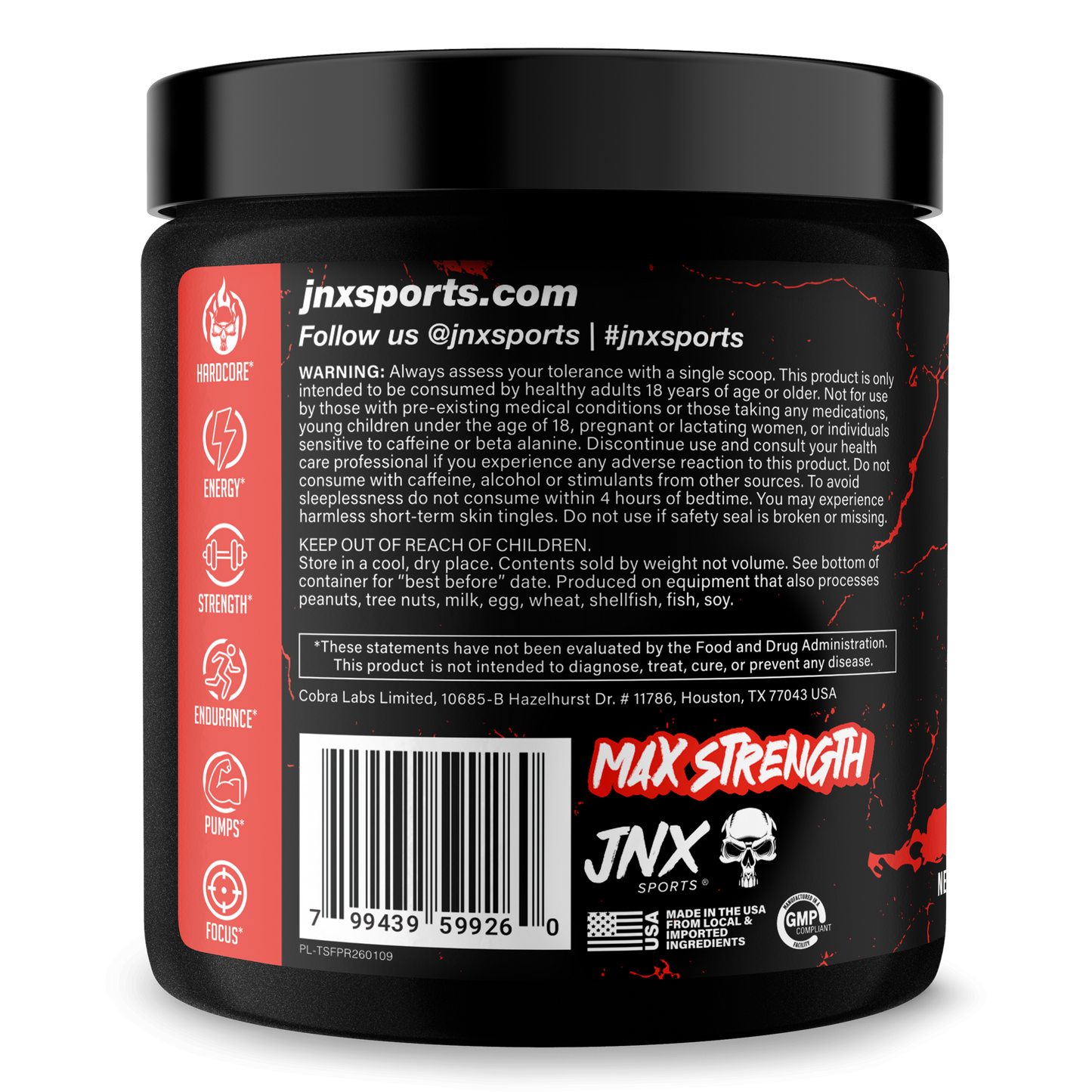 Pre-workout supplement tub with black lid and red back label panel