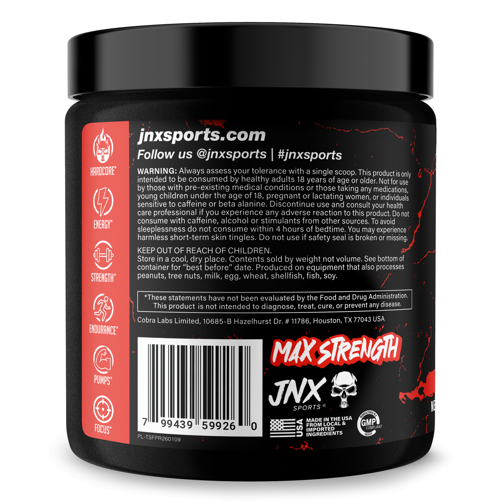 Pre-workout supplement tub with black lid and red back label panel