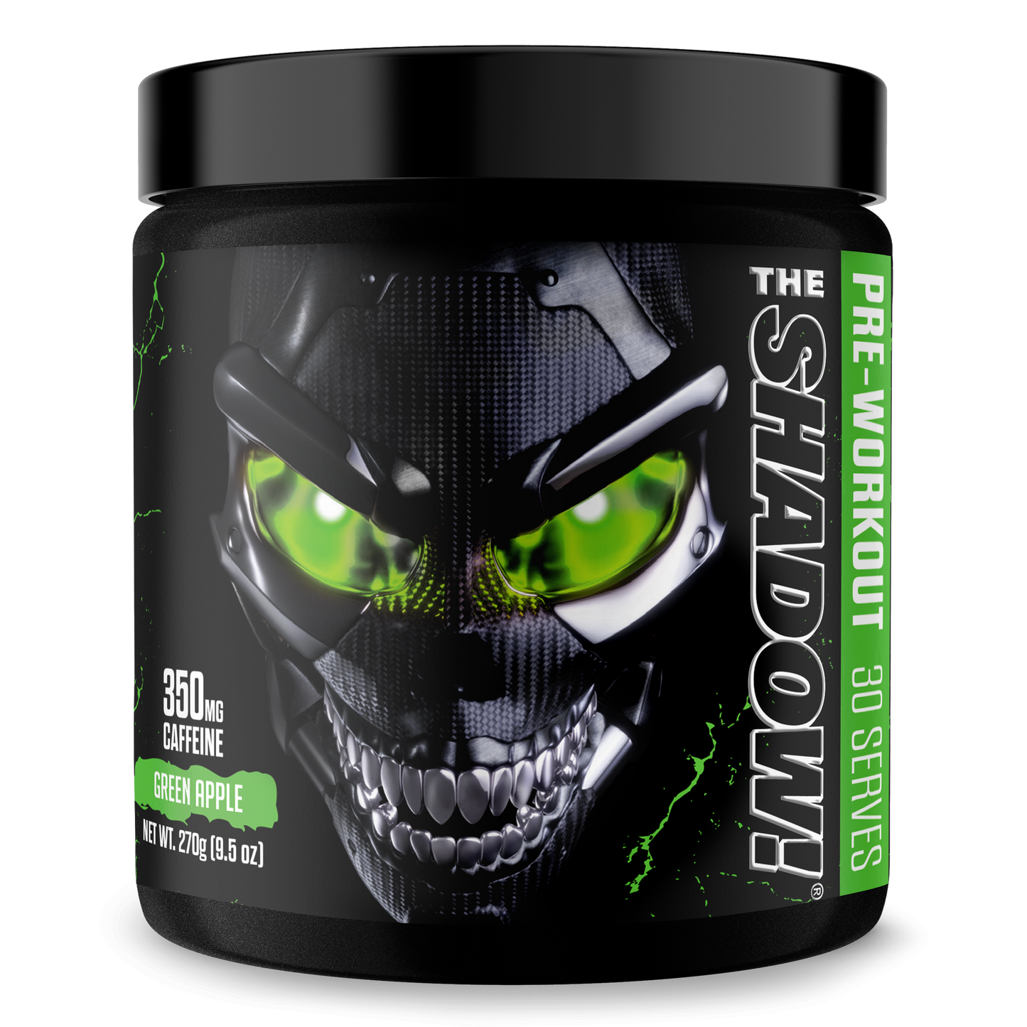 Pre-workout supplement jar with dark skull graphic and green flavor accents