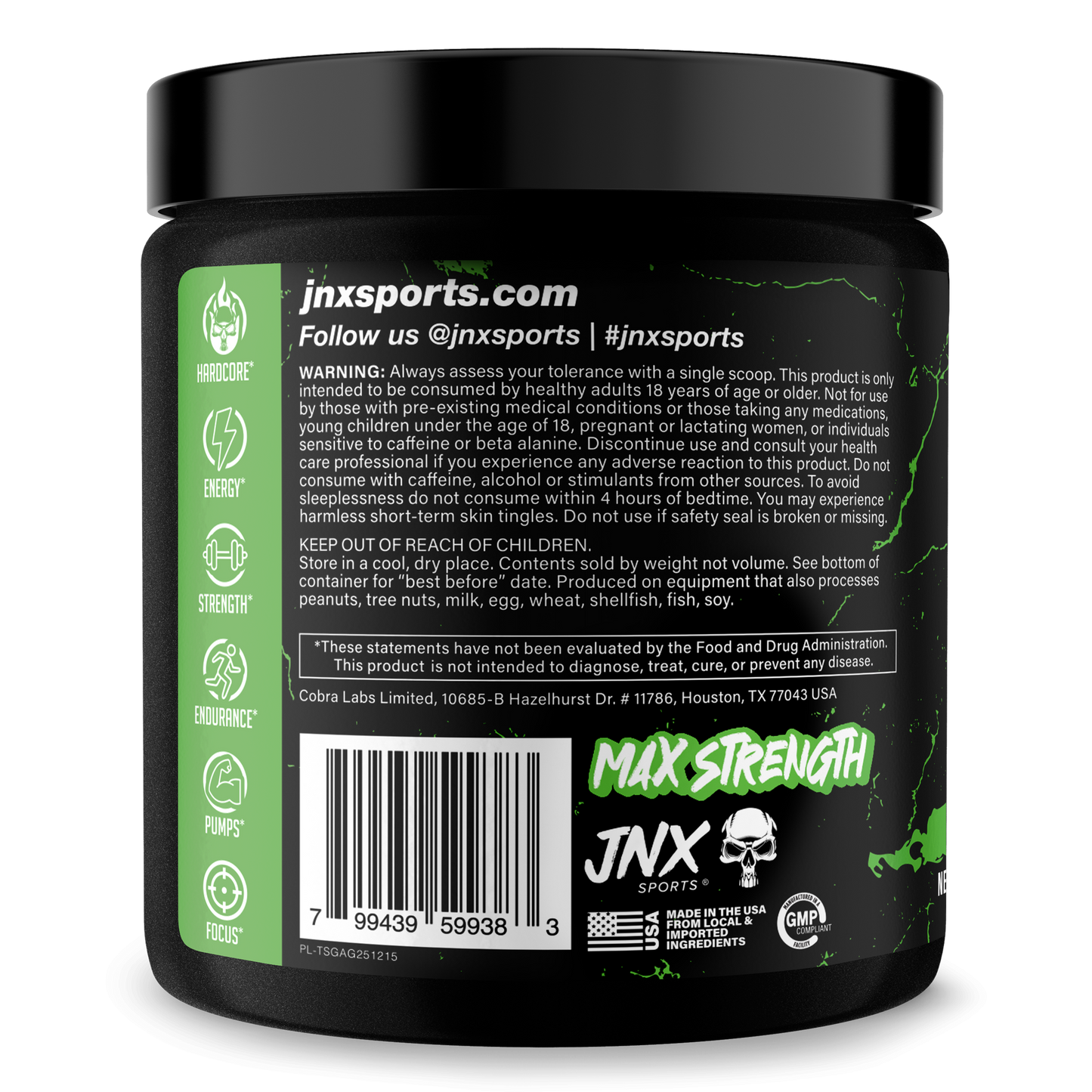 Pre-workout supplement jar back label with ingredients text, barcode, and logo