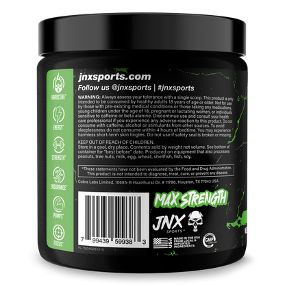 Pre-workout supplement jar back label with ingredients text, barcode, and logo