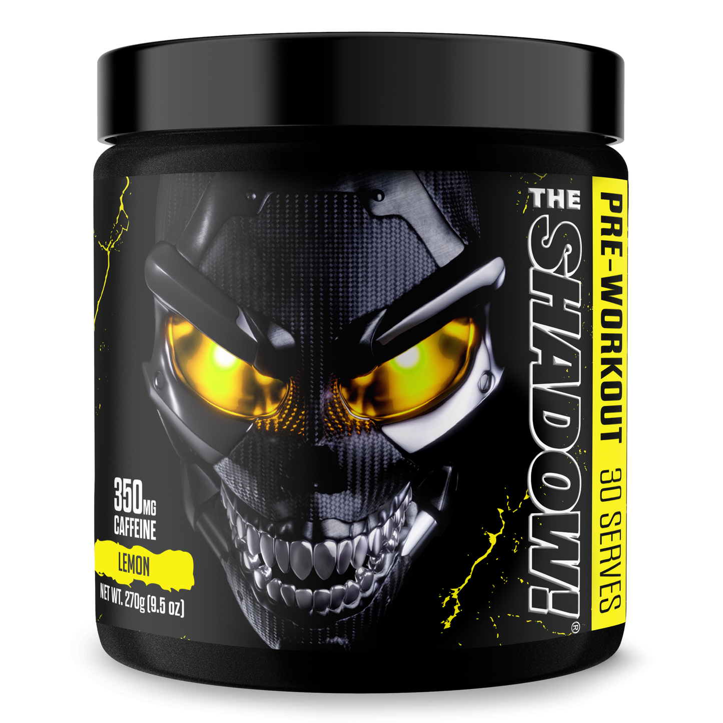 Pre-workout supplement jar with dark skull graphic and yellow flavor accents