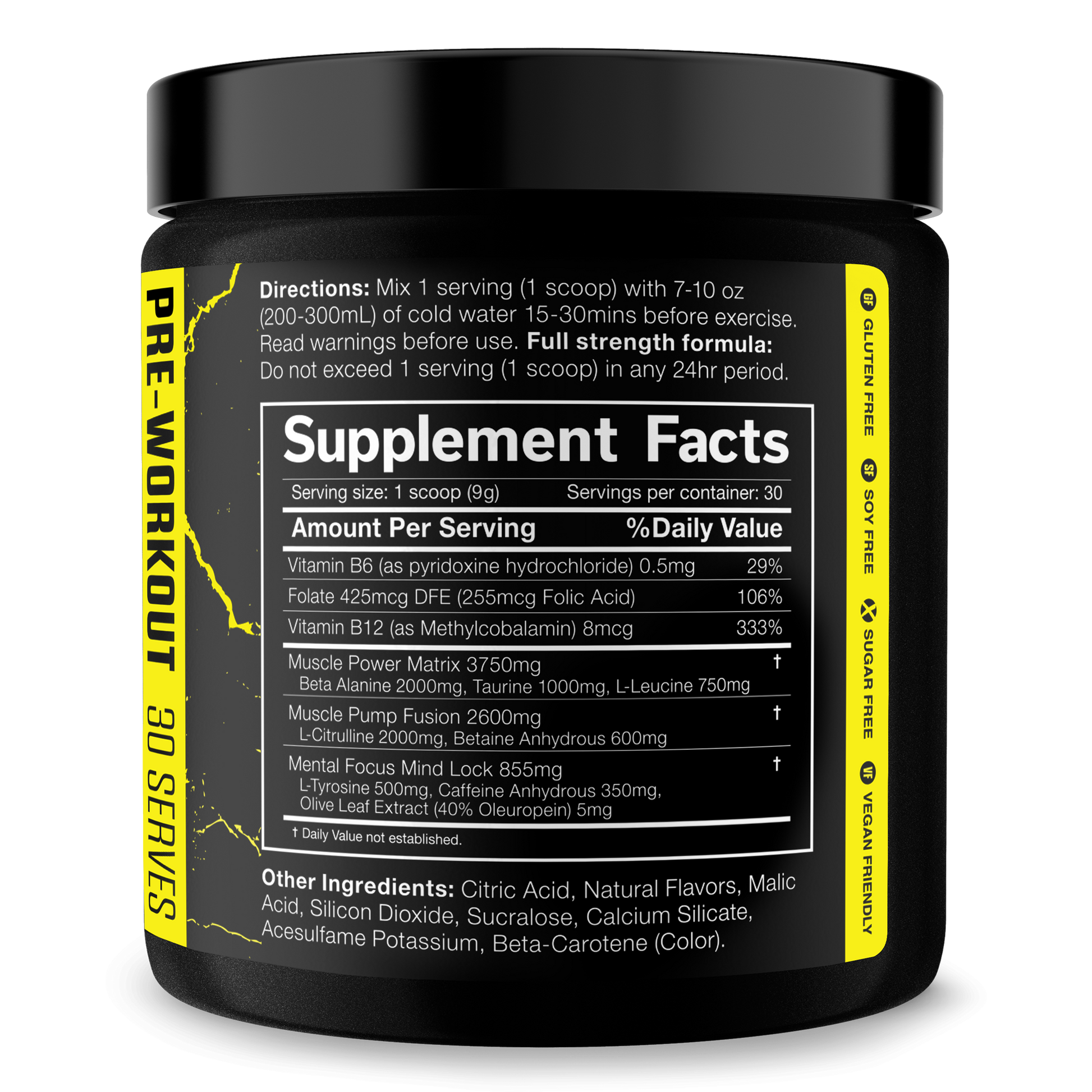 Pre-workout supplement jar with Supplement Facts nutrition panel and ingredient highlights