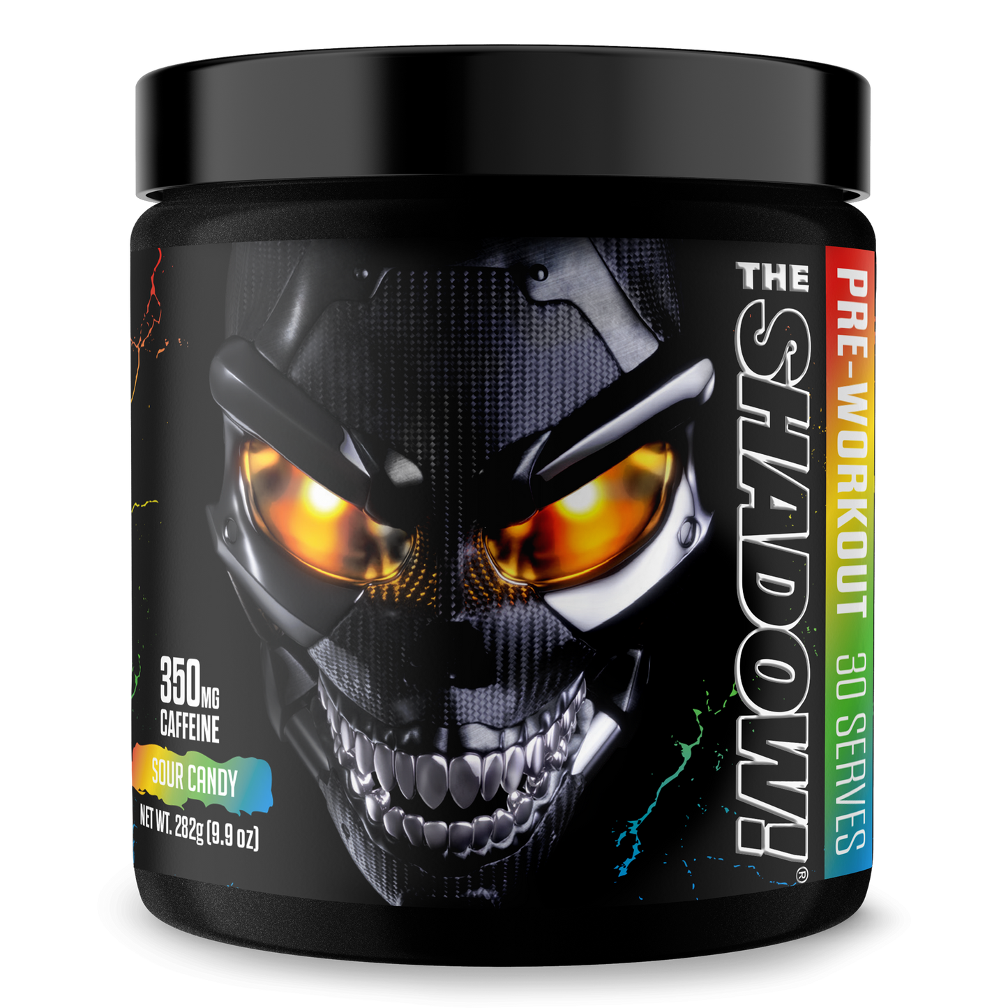 Pre-workout supplement jar with dark skull face graphic and blue flavor accents