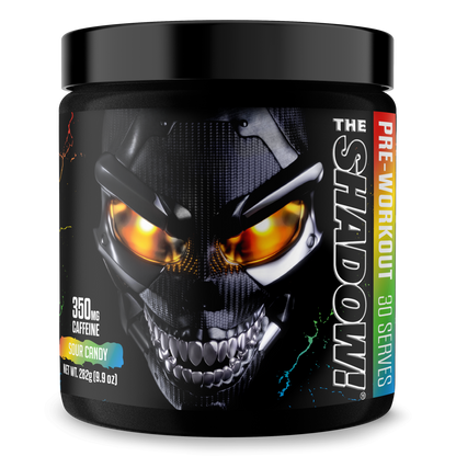 Pre-workout supplement jar with dark skull face graphic and blue flavor accents