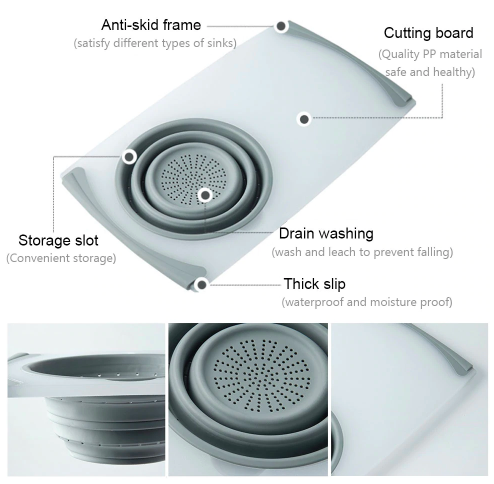 Light blue plastic chopping board with drainage holes, anti-slip feet, and slip guard
