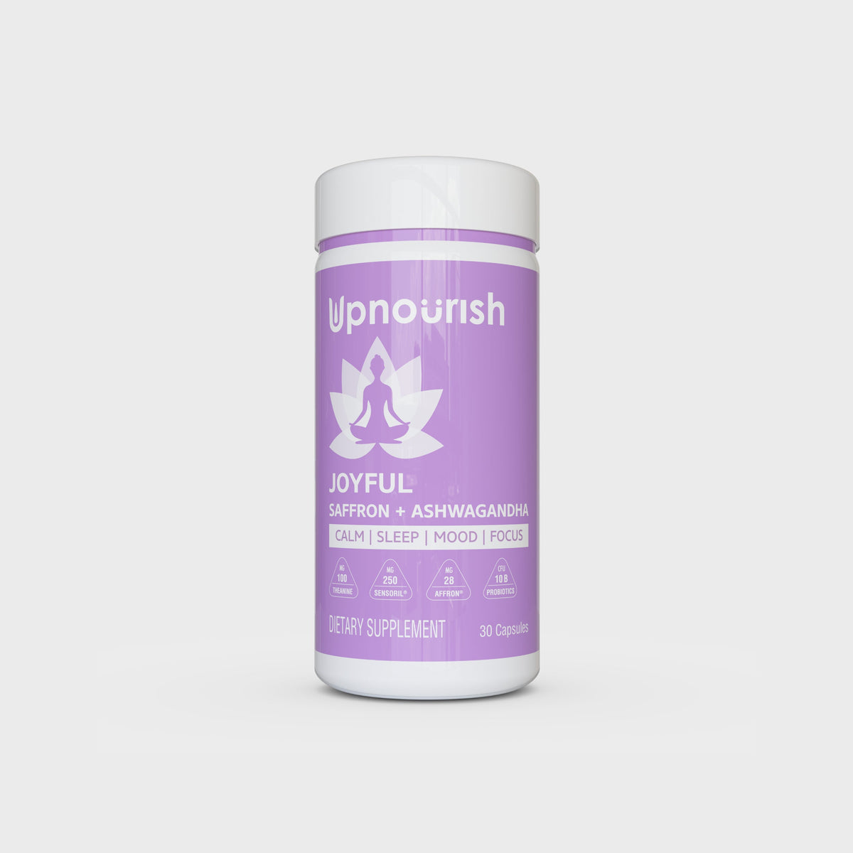 Saffron ashwagandha supplement bottle with purple label, white cap, 80 capsules