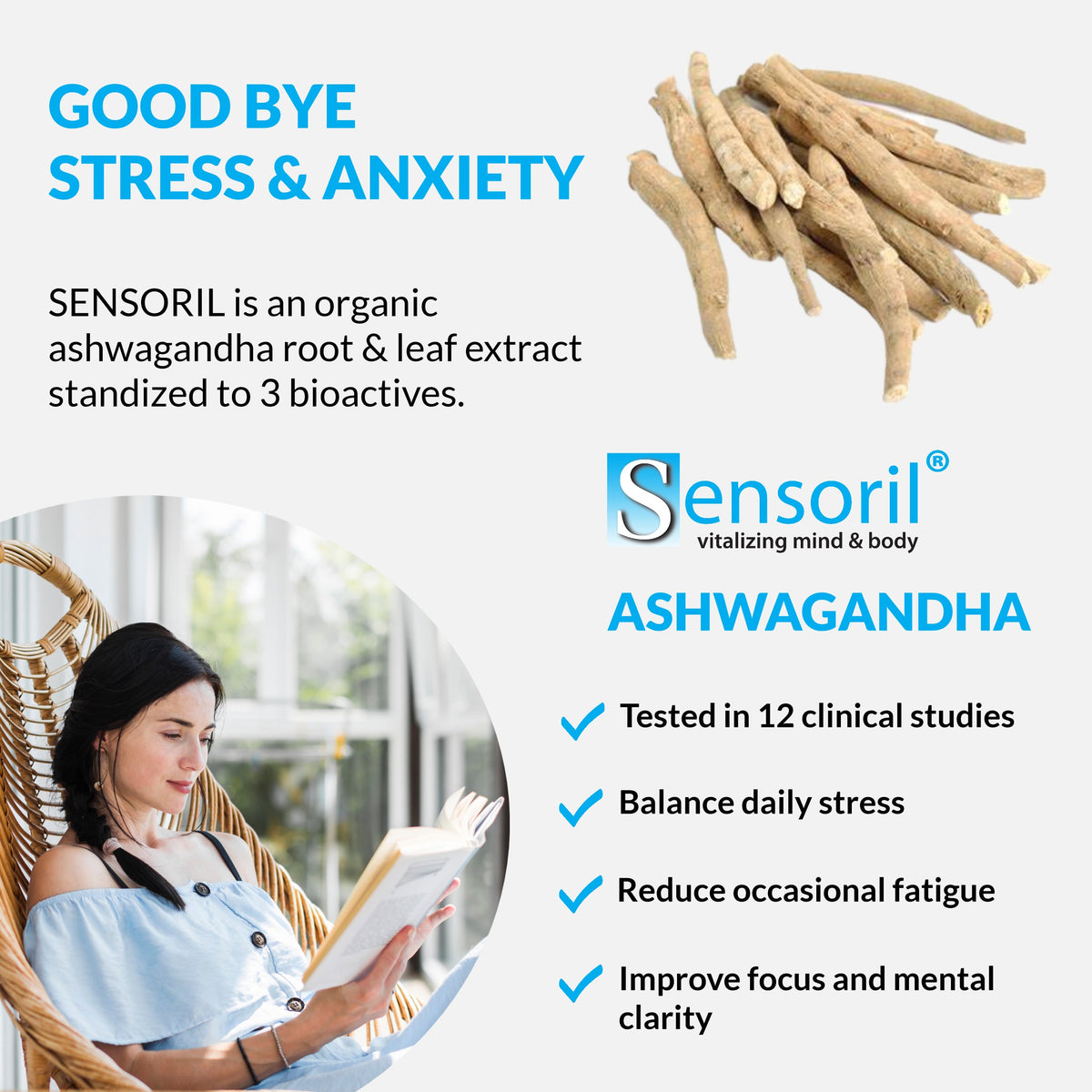 Ashwagandha supplement infographic with herb roots and checkmark bullet icons