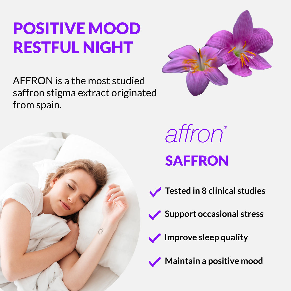 Saffron supplement infographic with purple crocus flowers and restful night scene