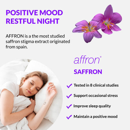 Saffron supplement infographic with purple crocus flowers and restful night scene