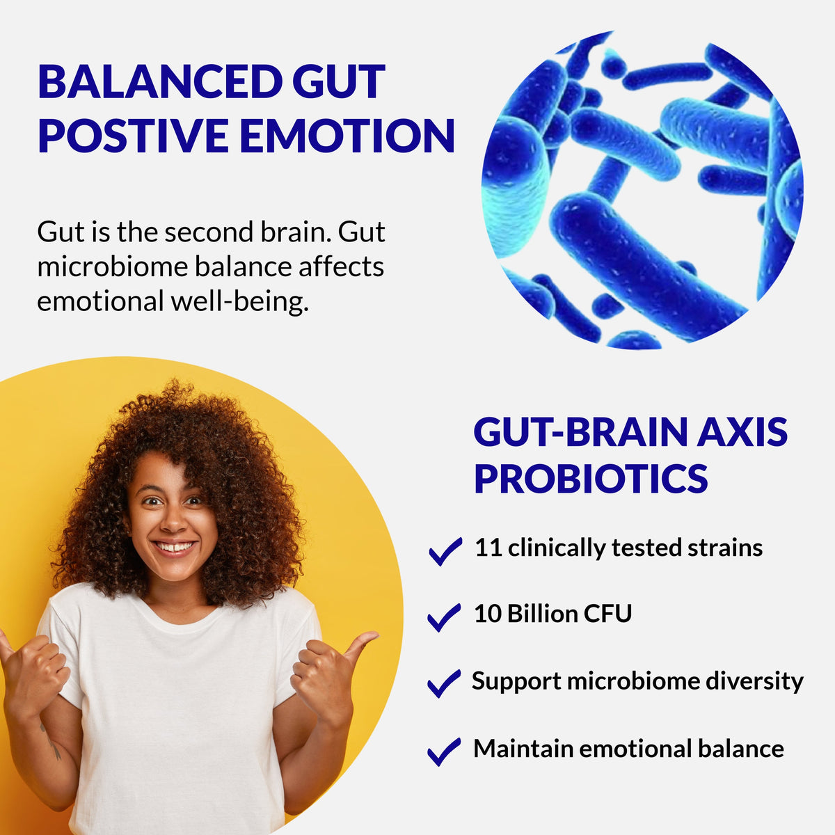 Probiotics supplement infographic with blue bacteria graphic and smiling woman