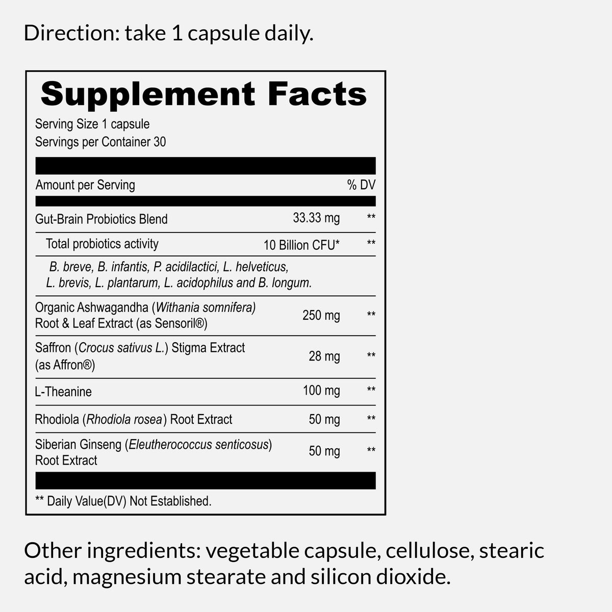 Supplement Facts panel showing serving size, probiotic blend, and ingredient list