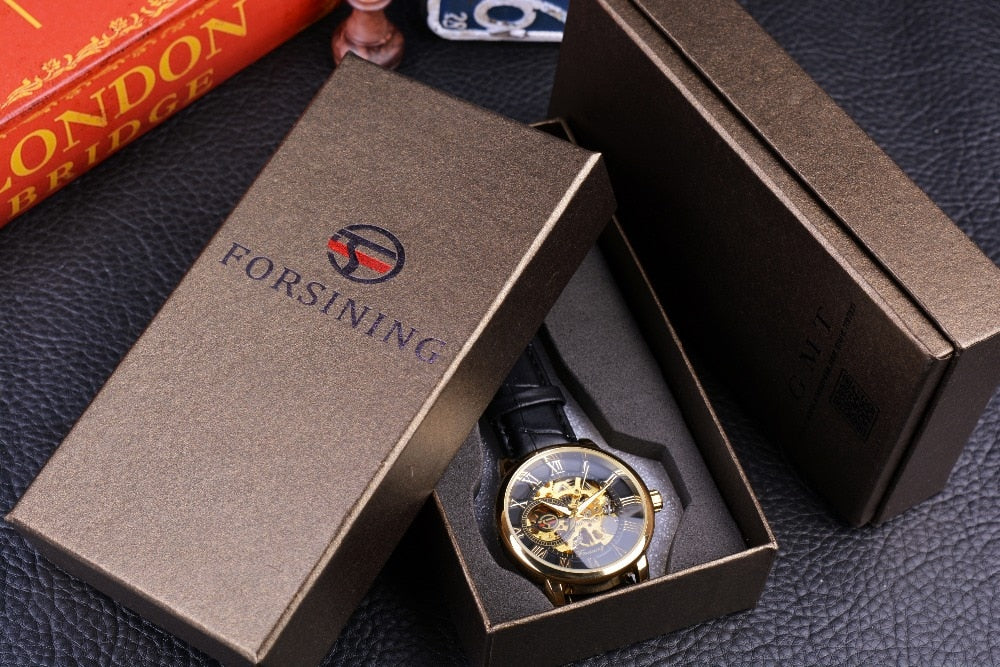 Men mechanical watch in box, gold case, skeleton dial, black leather strap