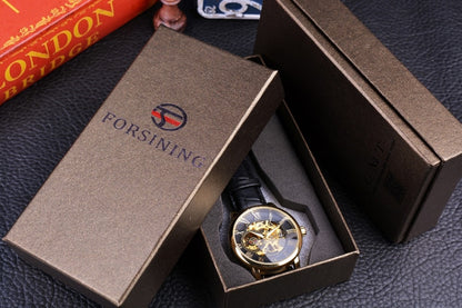 Men mechanical watch in box, gold case, skeleton dial, black leather strap
