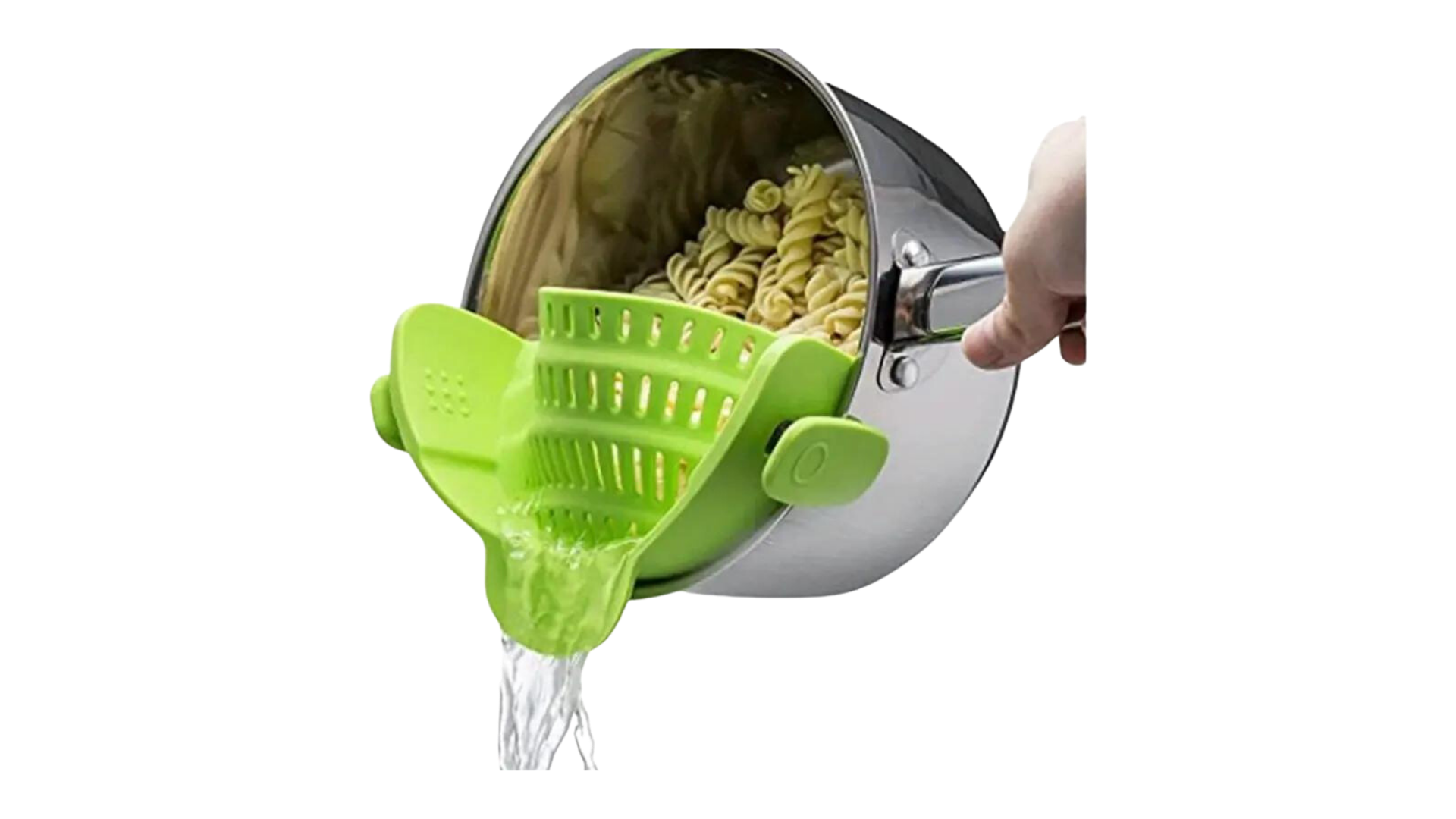 Pot strainer with green perforated silicone insert and side handle