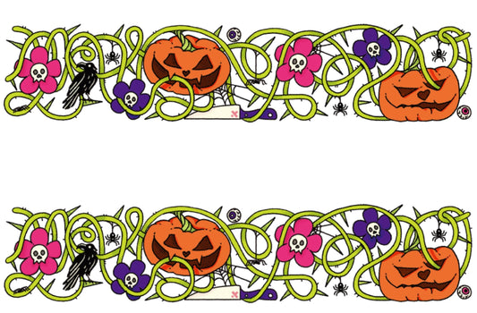 Kids temporary tattoo band with repeating Halloween icons: pumpkins, skulls, bats, ghosts