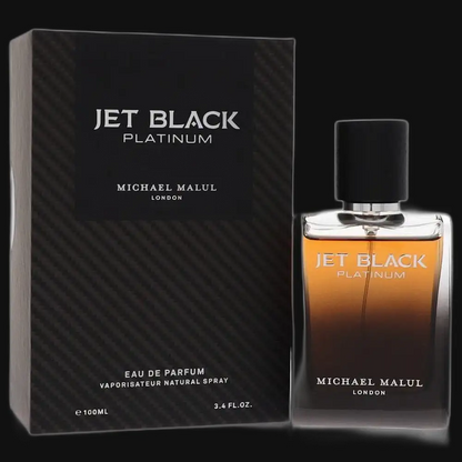 Men's Jet Black Platinum eau de parfum set: dark box and clear glass cologne bottle