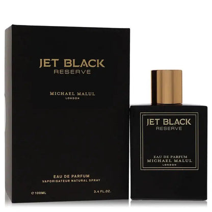 Men's Jet Black Reserve eau de parfum spray bottle and box set, dark with gold cap