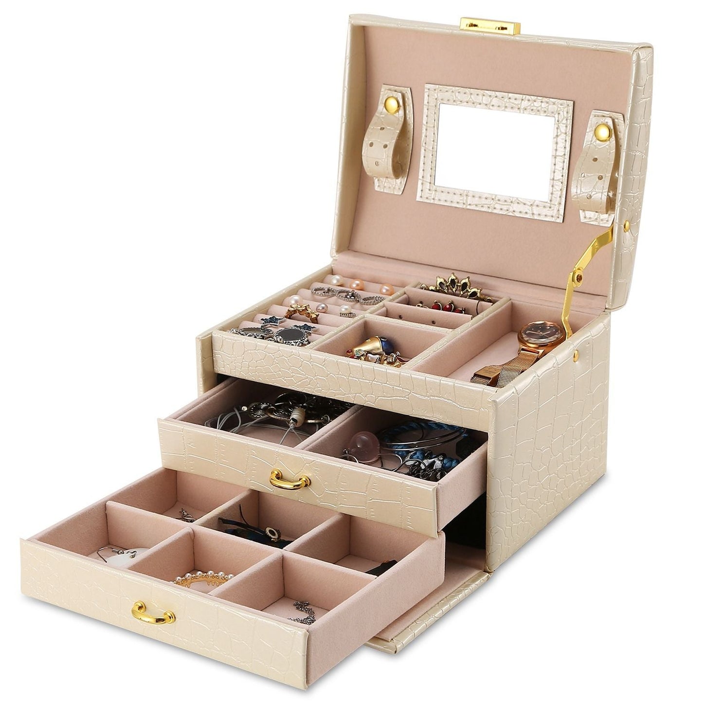 Jewelry Case Organizer 3-layer Lockable Travel Jewelry Box PU Leather Storage Display Case with Mirror Protective - Renee Lane Company