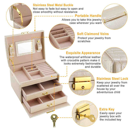 Jewelry Case Organizer 3-layer Lockable Travel Jewelry Box PU Leather Storage Display Case with Mirror Protective - Renee Lane Company