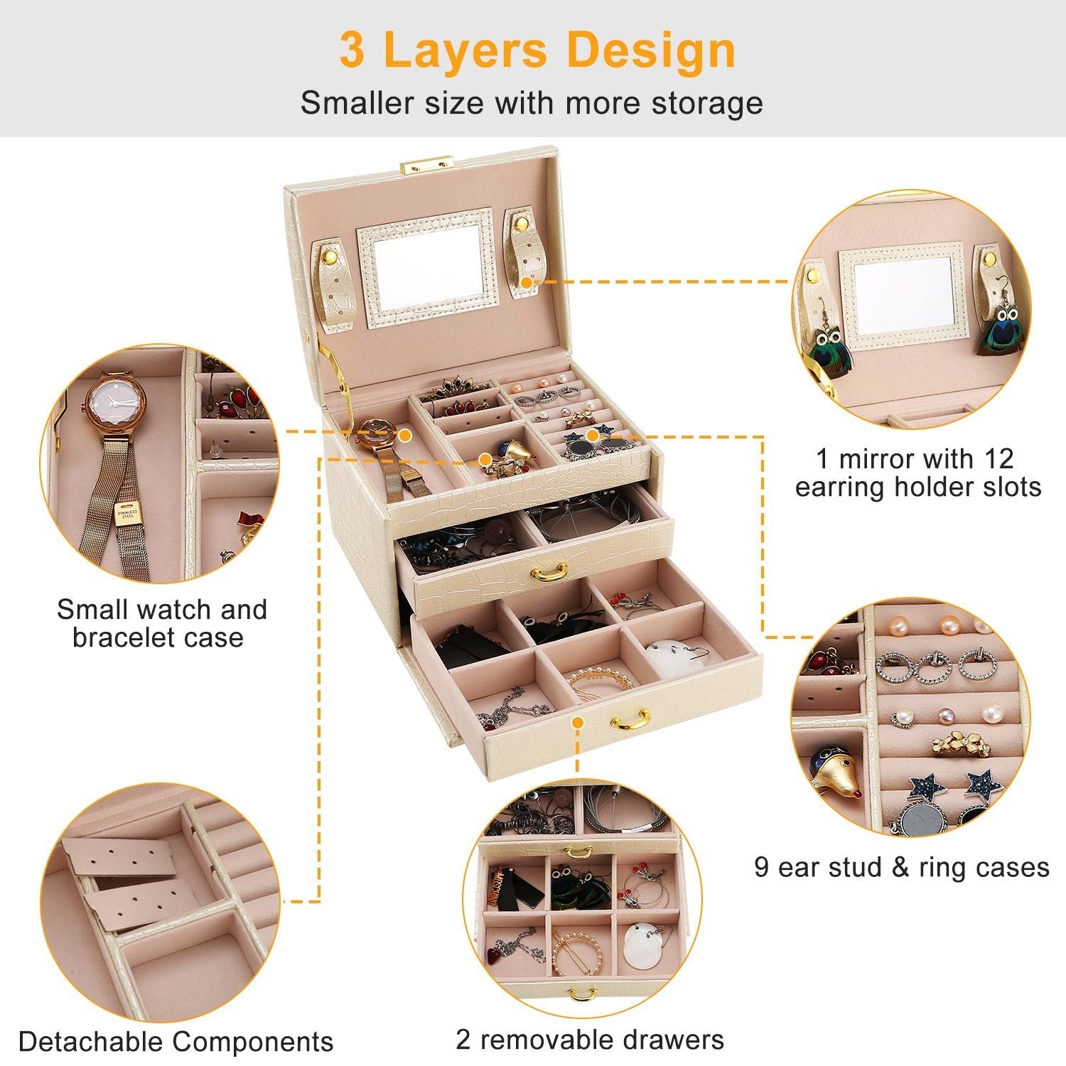 Jewelry Case Organizer 3-layer Lockable Travel Jewelry Box PU Leather Storage Display Case with Mirror Protective - Renee Lane Company