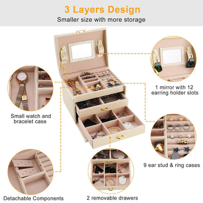 Jewelry Case Organizer 3-layer Lockable Travel Jewelry Box PU Leather Storage Display Case with Mirror Protective - Renee Lane Company