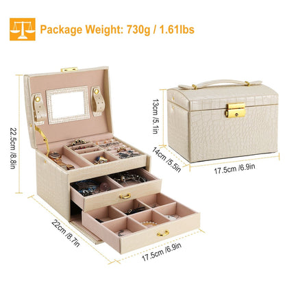 Jewelry Case Organizer 3-layer Lockable Travel Jewelry Box PU Leather Storage Display Case with Mirror Protective - Renee Lane Company