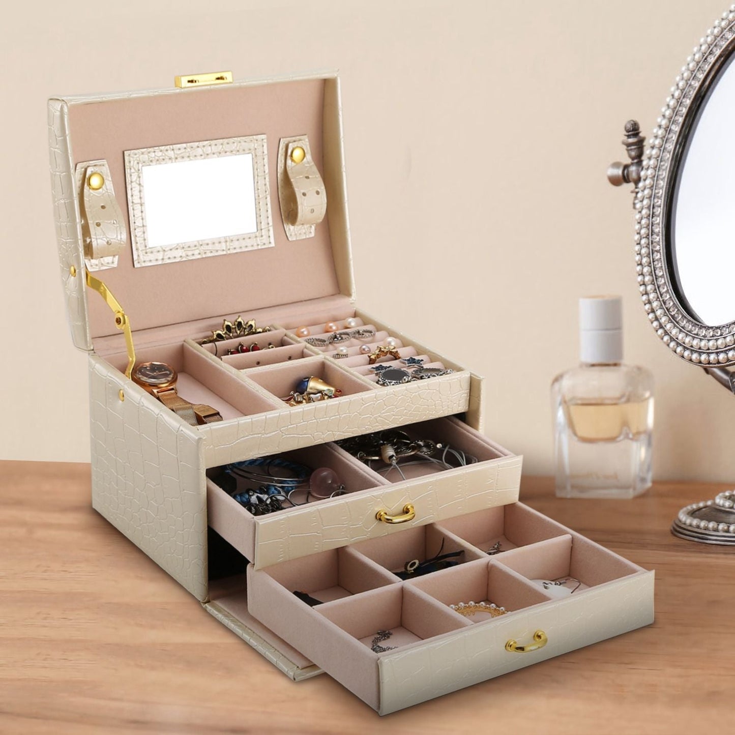 Jewelry Case Organizer 3-layer Lockable Travel Jewelry Box PU Leather Storage Display Case with Mirror Protective - Renee Lane Company