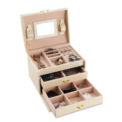Jewelry Case Organizer 3-layer Lockable Travel Jewelry Box PU Leather Storage Display Case with Mirror Protective - Renee Lane Company