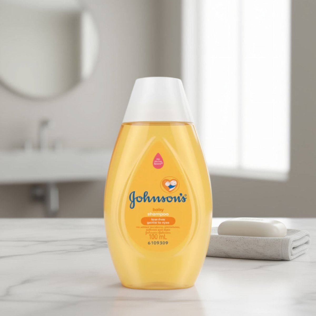 Johnson's Baby Shampoo bottle, yellow liquid with white cap, 100 ml