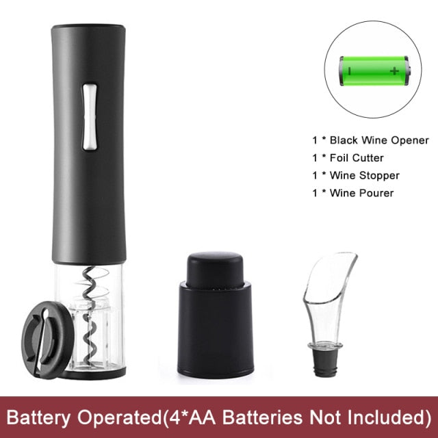 Automatic wine bottle opener, black with wine stopper and pourer attachment
