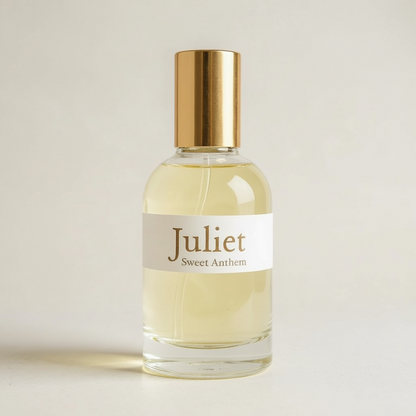 Eau de parfum bottle with gold cap and Juliet Sweet Anthem label
