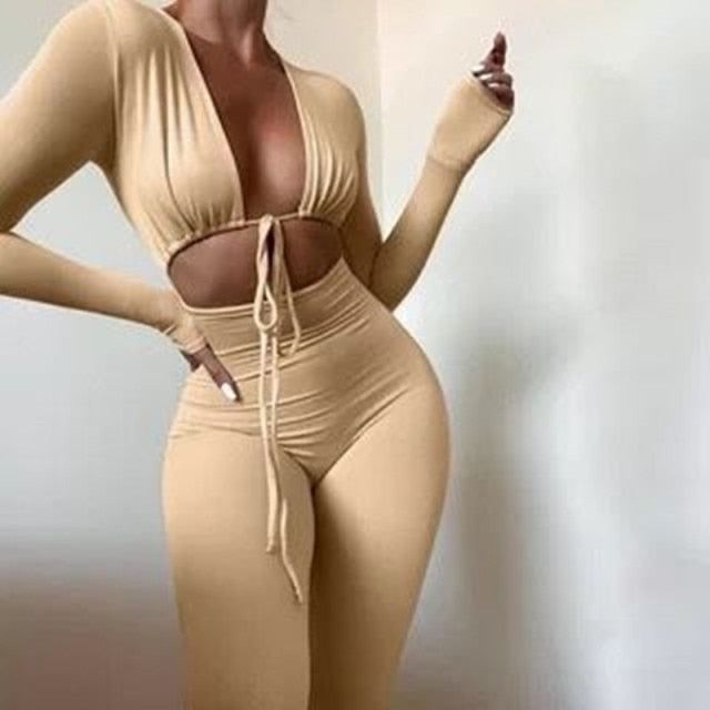Jumpsuits Bandage Tie Sexy Hollow Out Long Sleeve Bodycon - Renee Lane Company